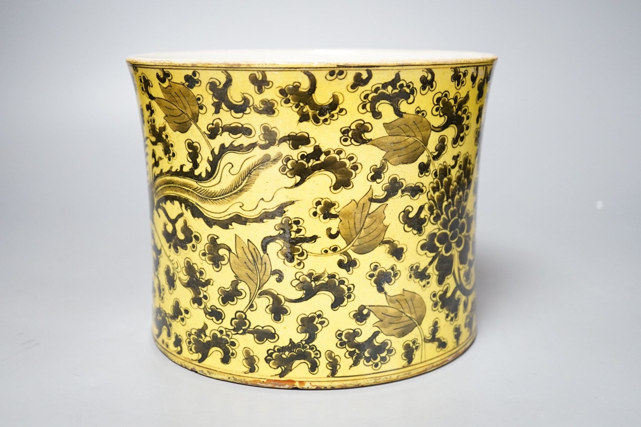 A Chinese yellow ground brushpot, 15.5cm